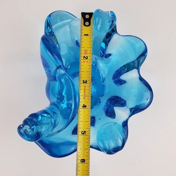 Art Glass Ashtray Blue Swirl Shell Trinket Dish Midcentury Modern Coastal - Picture 9 of 16